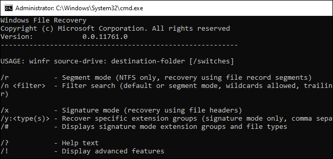 Giao diện cmd Windows File Recovery