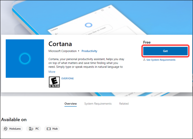 tren trang ung dung Cortana nhan vao nut Get