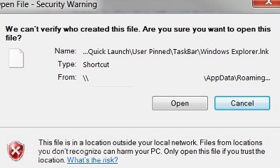 Cửa sổ Open File – Security Warnings khi sử dụng chuyển hướng thư mục AppData