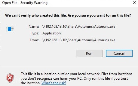 Cảnh báo bảo mật của Windows khi mở một tệp từ thư mục được chia sẻ